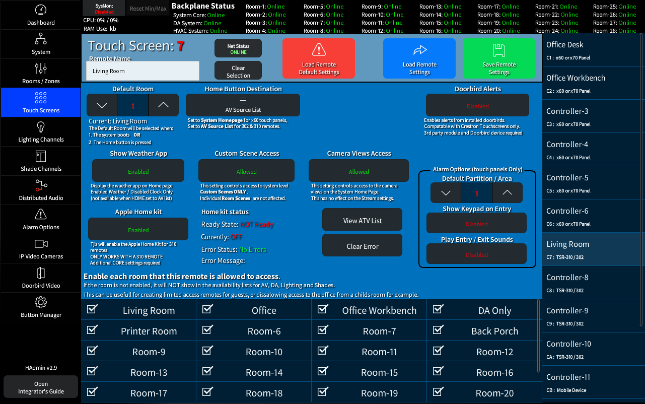 The HADA Admin Touch Screen Settings Page